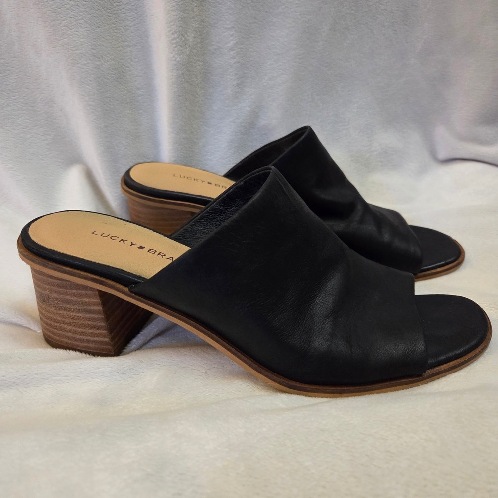 Lucky Brand Lutena Black Leather Open Toe Block Heel Mules Slides LK-LUTENA 7M